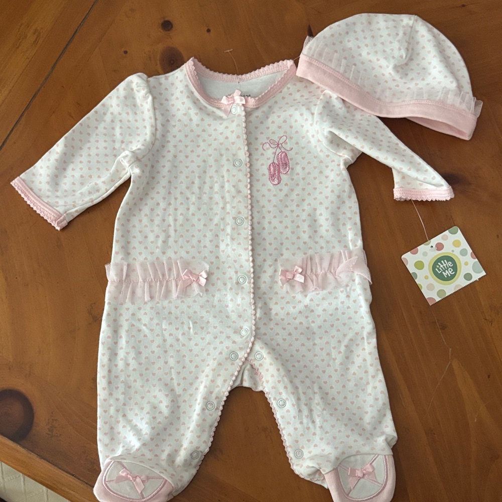 Little Me White and Pink Footie with Hat